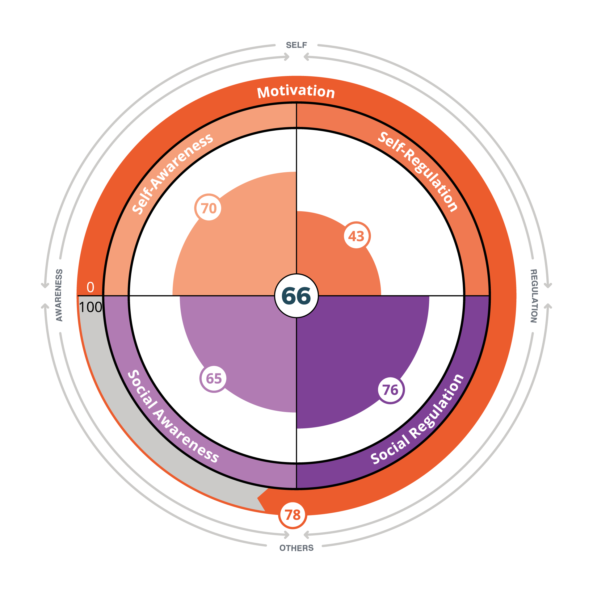 Emotional intelligence chart scoring self-awareness, self-regulation, social awareness, social regulation and motivation